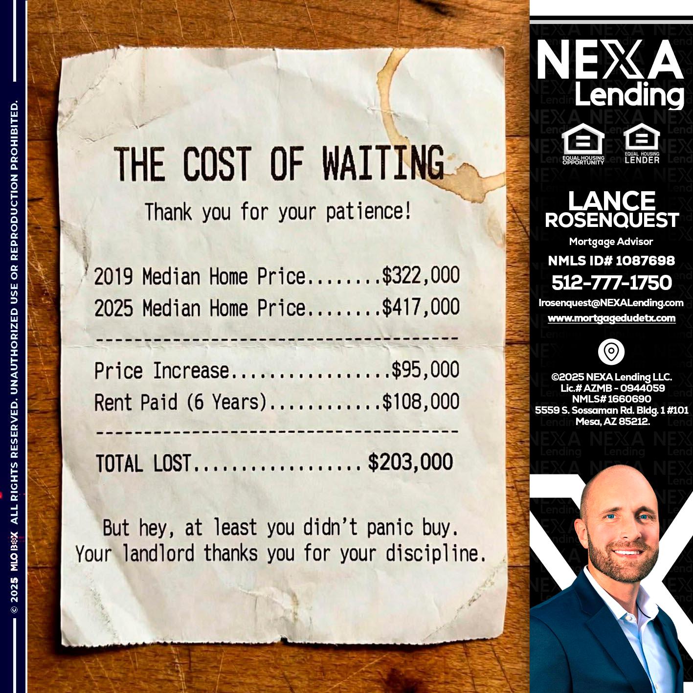 THE COST OF WAITING - Lance Rosenquest -Mortgage Advisor